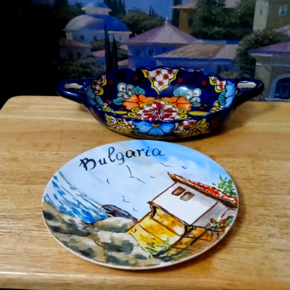 Hand Painted Mexican Platter Floral Bowl  & Bulgaria Original Wall Art Plate.🍜
